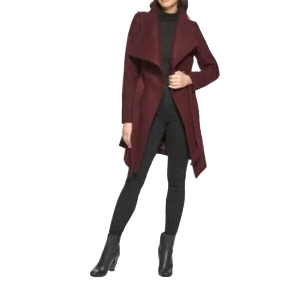 NWOT GUESS Asymmetrical Belted Wrap Coat Maroon Wool‎ Blend Sz S MSRP$275 - Picture 1 of 7